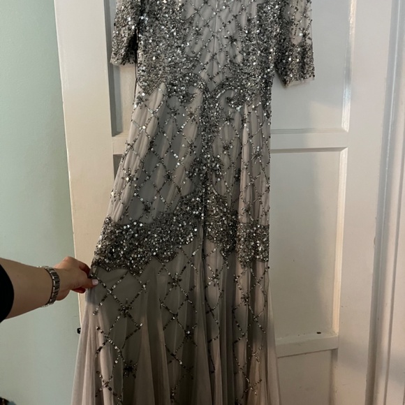 Adrian Papell Fully Beaded Godet Gown with Sheer Sleeves - Picture 8 of 11